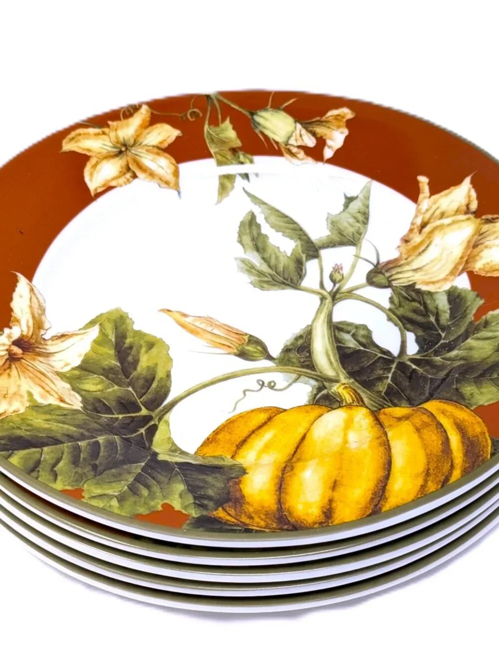 Williams Sonoma BOTANICAL PUMPKIN Salad Plates Set 5 Dark Red Fall 8 1/2